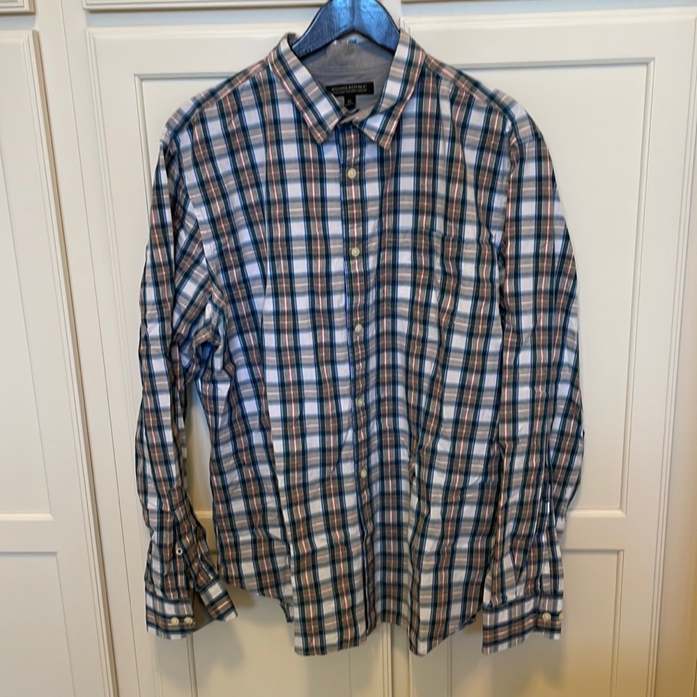 Banana Republic soft wash tailored slim fit gray/blue/white/orange plaid